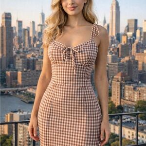 Showpo Brown and White Gingham Tie-Front Mini Dress